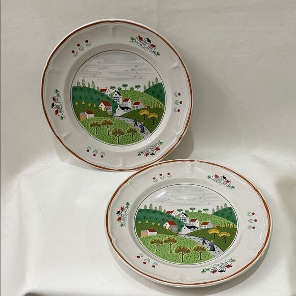 Newcor Stoneware 10 1/2 In Large Dinner Plates Country Village Scene Japan Set 2 - Picture 3 of 11